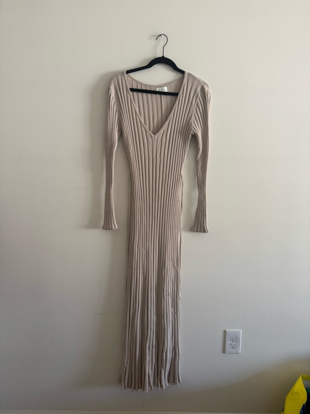 DISSH Ribbed V-Neck Long Sleeve Maxi Dress in Taupe
